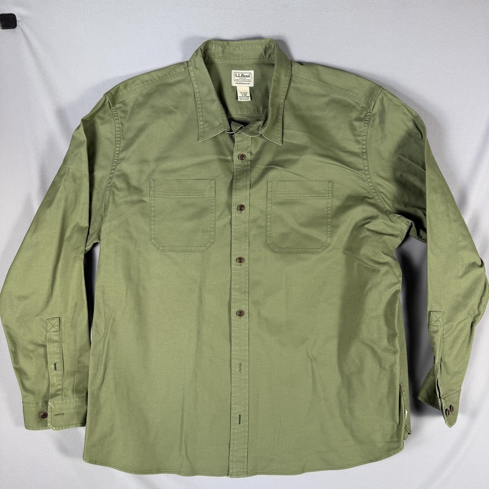 LL Bean Shirt Mens XL Green Twill Button Up Traditional Fit Stretch Outdoor